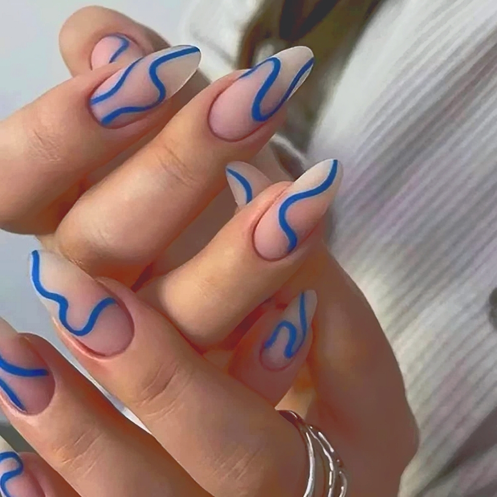 📢 4/$15 Matte Almond Nails w/ Blue Line Design